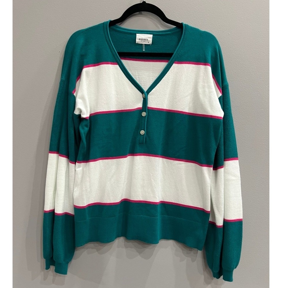Andree by Unit Womens Teal White Magenta Striped V-Neck Button Knit Sweater M